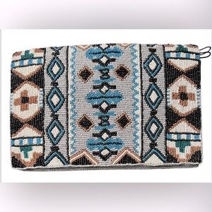 From St Xavier Blue Multi Beaded Geometric Crossbody Convertible Boho Clutch NWT